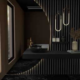 Next Design - Nowoczesna łazienka w ciemnej tonacji z marmurową podłogą, umywalkami w kształcie mis, złotą armaturą i widokiem na miasto z okna.