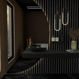 Nowoczesna łazienka w ciemnej tonacji z marmurową podłogą, umywalkami w kształcie mis, złotą armaturą i widokiem na miasto z okna.