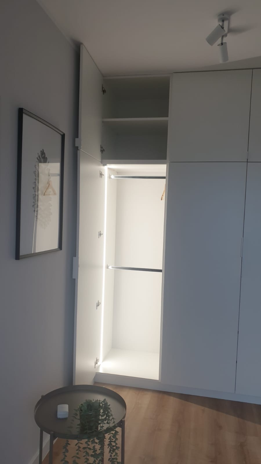 Biała szafa z otwartymi drzwiami, podświetlona listwą LED, z widocznymi półkami i drążkami na ubrania, obok stolik z dekoracyjną rośliną i obraz na ścianie.