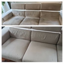Clean-Pro - Beżowa kanapa modułowa: górny kadr pokazuje zabrudzone siedziska, dolny kadr ukazuje efekt po czyszczeniu, z widoczną różnicą w odcieniu i brakiem plam.