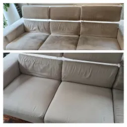 Beżowa kanapa modułowa: g&oacute;rny kadr pokazuje zabrudzone siedziska, dolny kadr ukazuje efekt po czyszczeniu, z widoczną r&oacute;żnicą w odcieniu i brakiem plam.