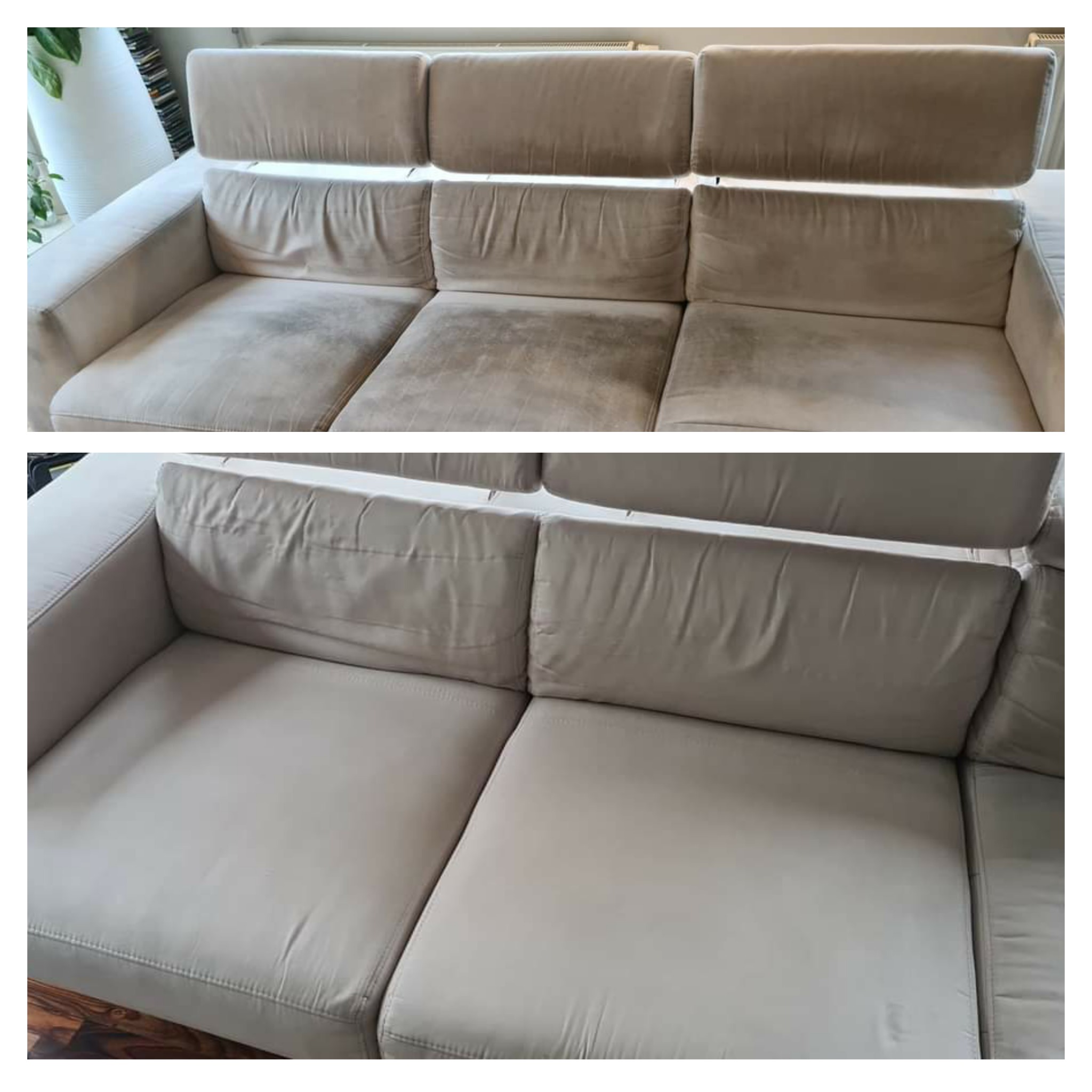 Beżowa kanapa modułowa: górny kadr pokazuje zabrudzone siedziska, dolny kadr ukazuje efekt po czyszczeniu, z widoczną różnicą w odcieniu i brakiem plam.