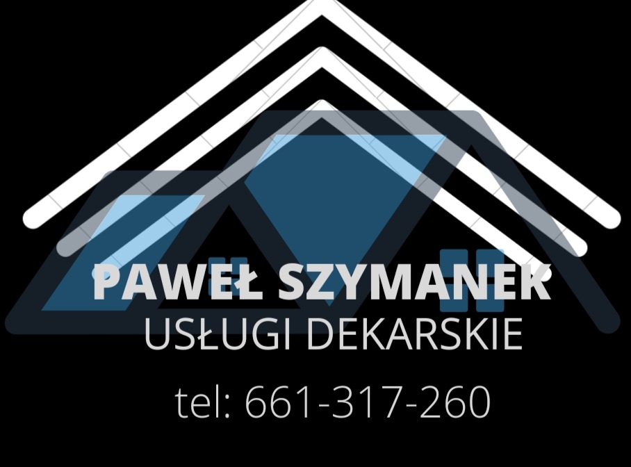 Logo firmy dekarskiej Paweł Szymanek z motywem dachu w kolorach białym i niebieskim, numer telefonu na czarnym tle.