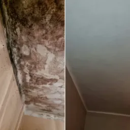 Porównanie stanu sufitu w rogu pomieszczenia przed i po usunięciu widocznych śladów zagrzybienia i pleśni.