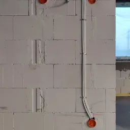 Ściana z betonu komórkowego z zamontowanymi puszkami elektrycznymi i przewodami mocowanymi klamrami, widoczne zielone oznaczenia na ścianie, instalacja w trakcie realizacji.