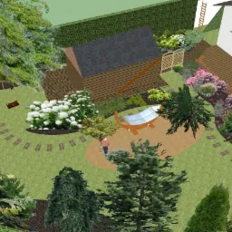 Wizualizacja ogrodu z domkiem narzędziowym, hamakiem solarnym, huśtawką na drzewie i ścieżką z kostki, widok z góry.