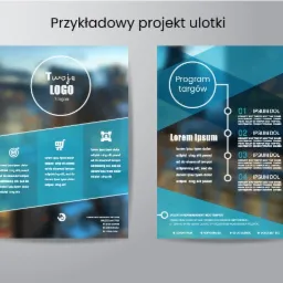 Przykładowy projekt dwustronnej ulotki reklamowej z rozmytym tłem, zawierającej logo, slogan, ikony, tekst lorem ipsum oraz elementy graficzne w odcieniach niebieskiego i białego.