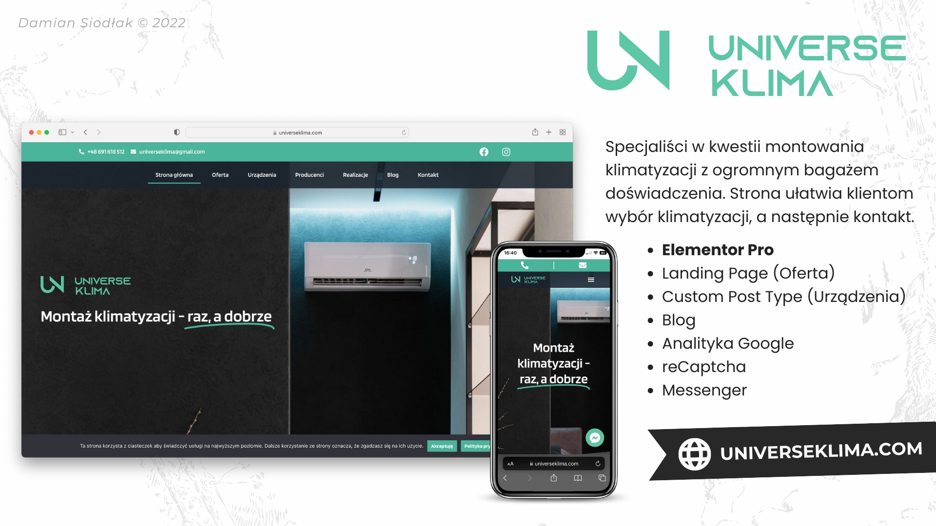 Ekran komputera i smartfona wyświetlające stronę internetową firmy Universe Klima, specjalizującej się w montażu klimatyzacji. Na obu urządzeniach widoczny baner z hasłem 'Montaż klimatyzacji - raz...