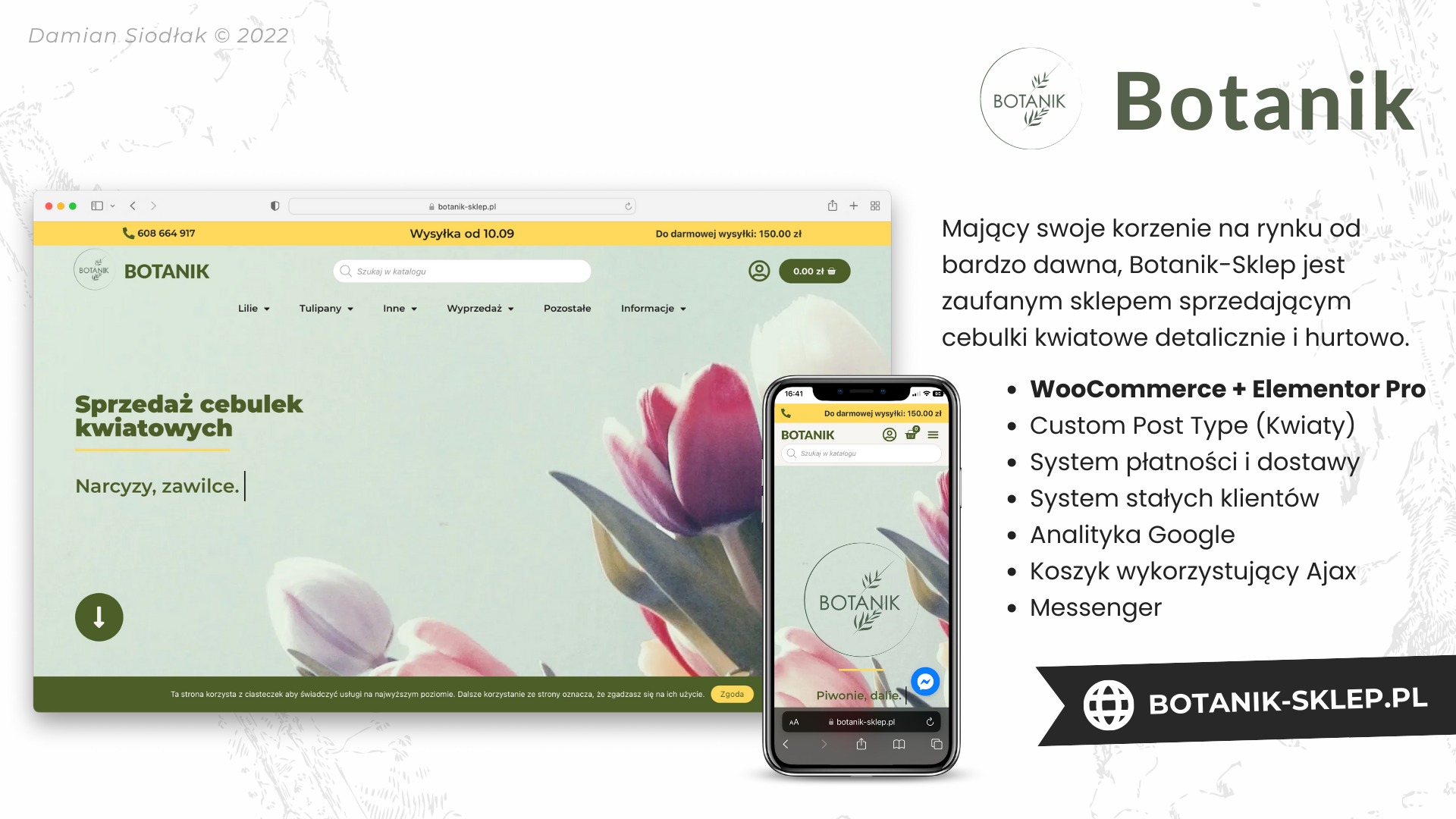 Prezentacja strony internetowej sklepu Botanik-Sklep.pl na ekranie komputera i smartfona, z ofertą sprzedaży cebulek kwiatowych, z logo i informacjami o wysyłce.