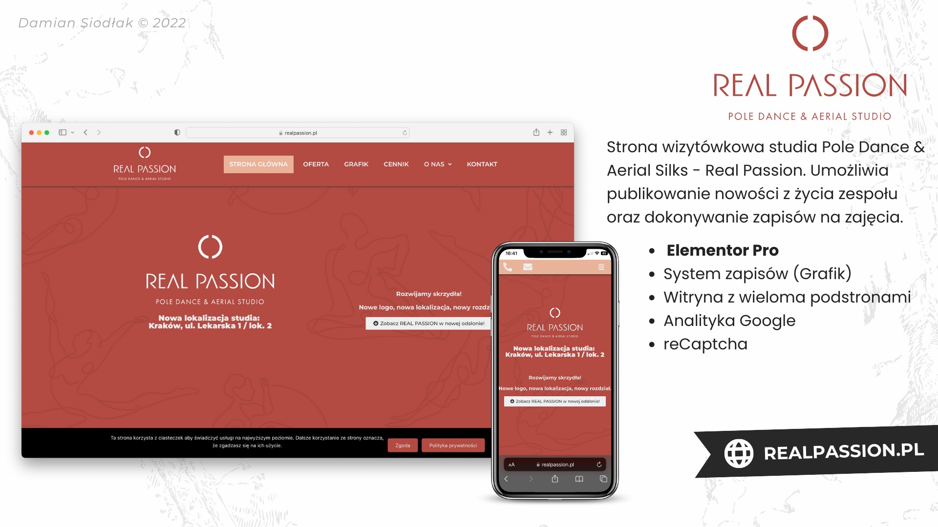Prezentacja strony internetowej studia Pole Dance & Aerial Silks Real Passion na ekranie komputera i smartfona. Widoczny branding, układ strony głównej z menu, logo i adres nowej lokalizacji...