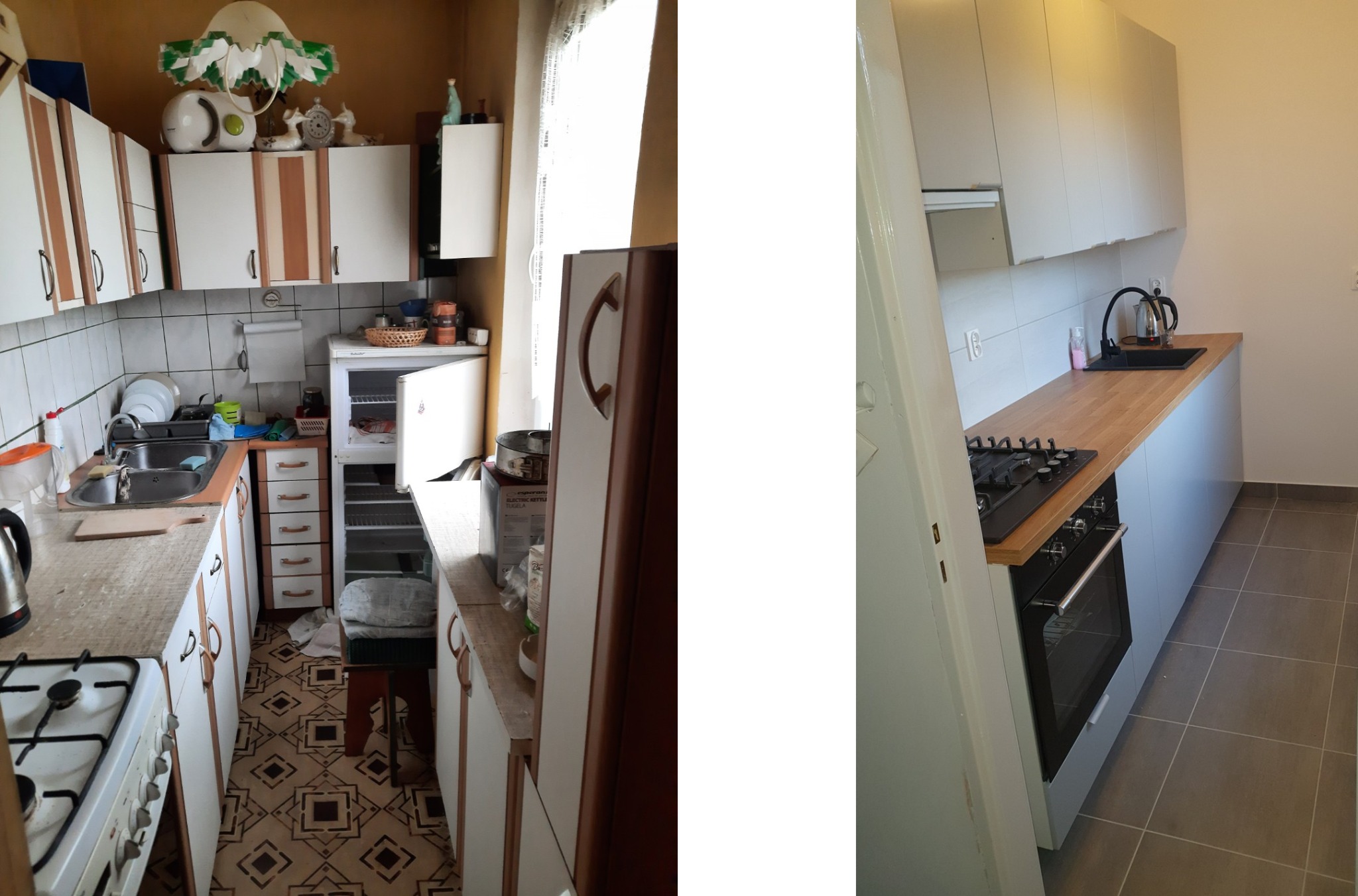 Porównanie kuchni przed i po remoncie: po lewej starsza kuchnia z białymi szafkami z brązowymi akcentami, widocznym bałaganem i przestarzałym sprzętem, po prawej nowoczesna kuchnia z szarymi...