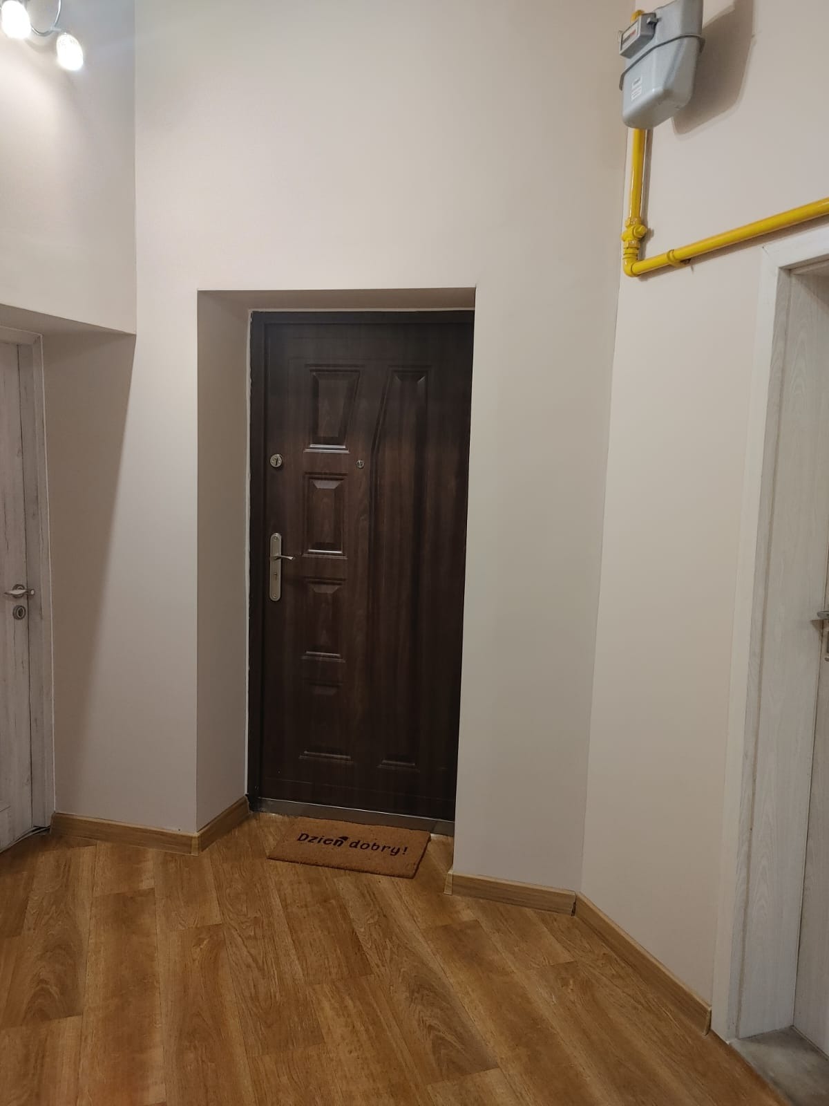 Wnętrze przedpokoju z brązowymi drzwiami wejściowymi, brązowym dywanikiem z napisem 'Dzień dobry!', panelami podłogowymi imitującymi drewno, szarym licznikiem gazu i żółtą rurą gazową na ścianie.
