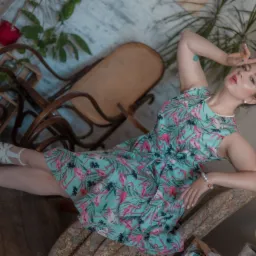 Kobieta w sukience w flamingi, perłowy naszyjnik i bransoletka, pozuje na krześle z rattanowym oparciem, w tle rośliny doniczkowe.