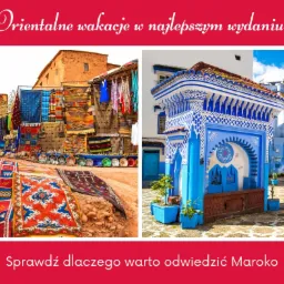 Maroko: kolorowe dywany i rękodzieło na tle tradycyjnej architektury, błękitna fontanna w Chefchaouen.