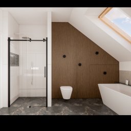 Wit-bud - Nowoczesna łazienka na poddaszu z kabiną prysznicową typu walk-in, wolnostojącą wanną i toaletą. Ciemna podłoga z wzorem, drewniana ściana z ukrytymi szafkami i oknem dachowym.