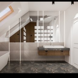 Wit-bud - Nowoczesna łazienka na poddaszu z umywalką na szafce, płytkami w geometryczne wzory i kabiną prysznicową oddzieloną szklanymi panelami z oświetleniem LED.