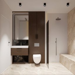 Wit-bud - Nowoczesna łazienka z kabiną typu walk-in, umywalką z szafką z ciemnego drewna i podświetlanym lustrem. Beżowe płytki imitujące marmur na podłodze i ścianach.