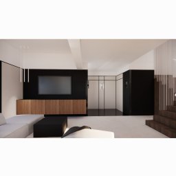 Wit-bud - Nowoczesny salon z czarną ścianą TV, drewnianą szafką RTV i minimalistycznym oświetleniem. Jasna sofa i schody z drewnianymi stopniami dodają elegancji wnętrzu.