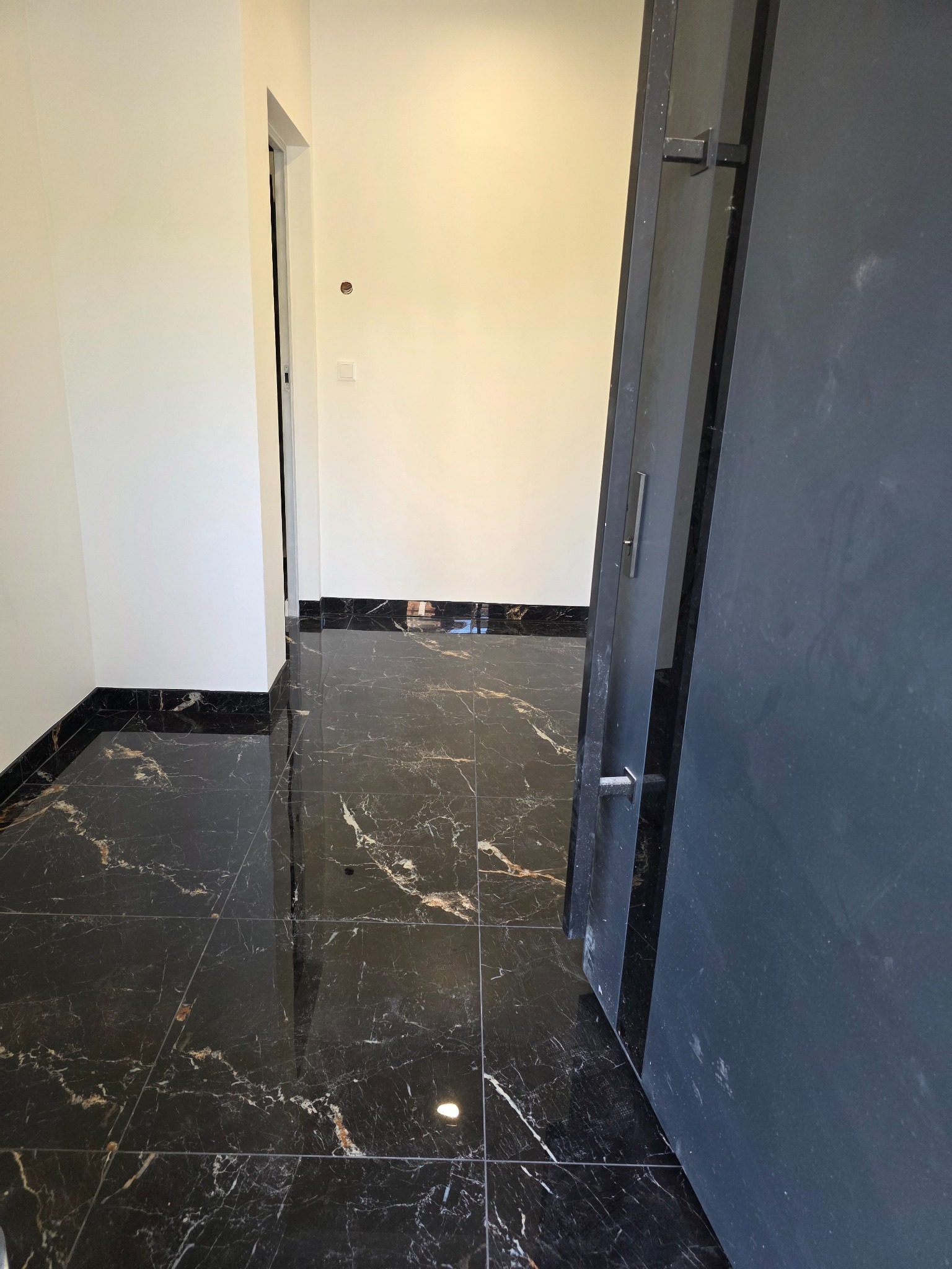Połyskująca, czarna marmurowa podłoga w korytarzu z białymi ścianami. Widoczna część otwartych, szarych drzwi z metalową klamką. Nowoczesne wykończenie.