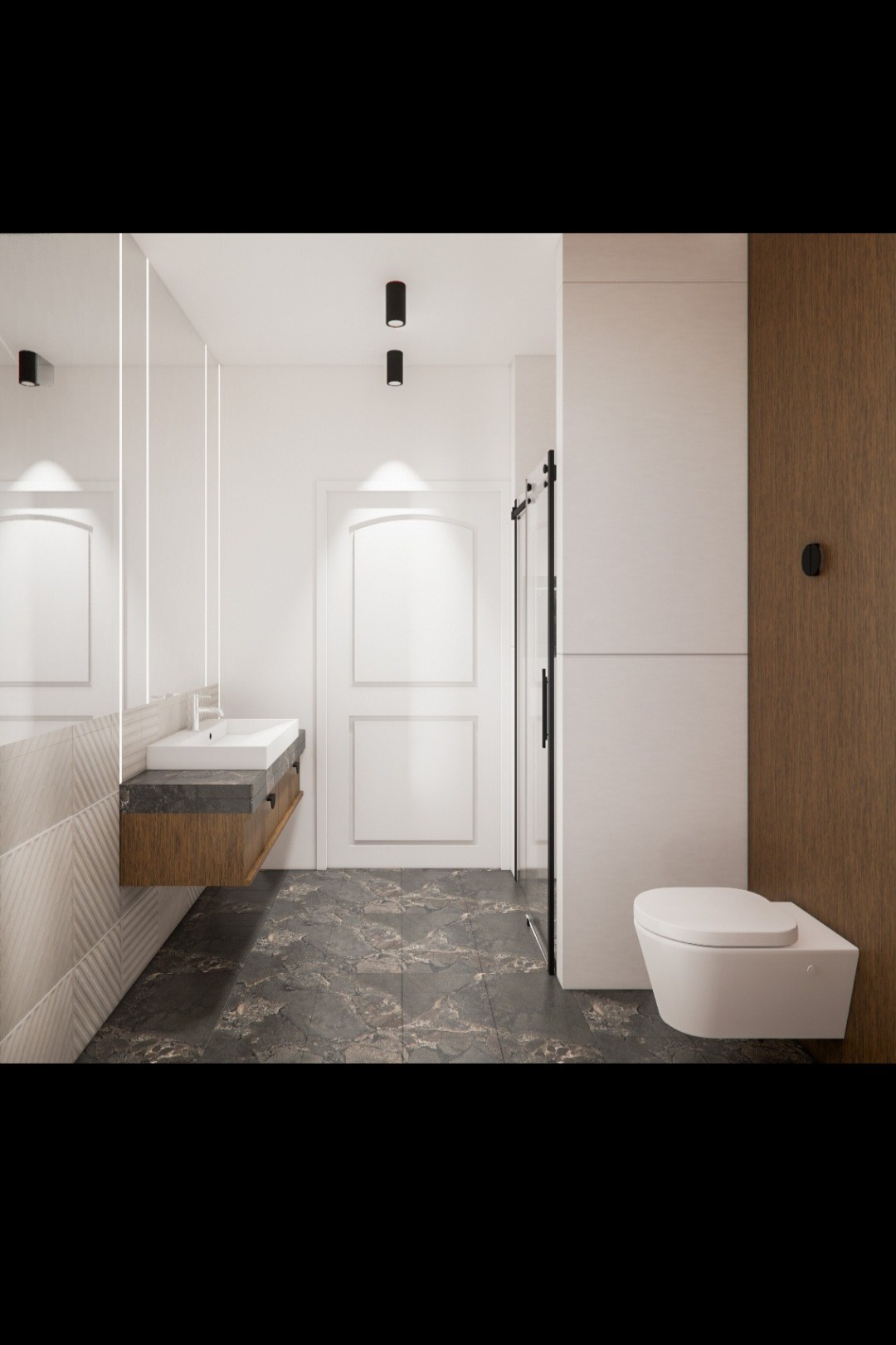 Nowoczesna łazienka w Jaśle z wiszącą szafką z umywalką, kabiną prysznicową i toaletą. Ciemna podłoga z marmurkowym wzorem, drewniane akcenty i minimalistyczne oświetlenie.