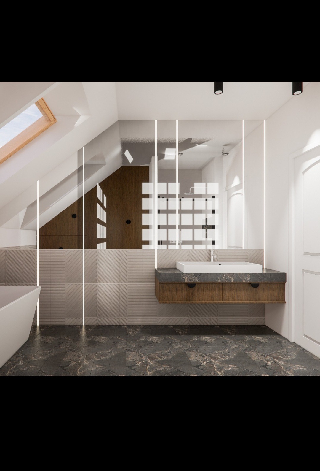 Nowoczesna łazienka na poddaszu z umywalką na szafce, płytkami w geometryczne wzory i kabiną prysznicową oddzieloną szklanymi panelami z oświetleniem LED.