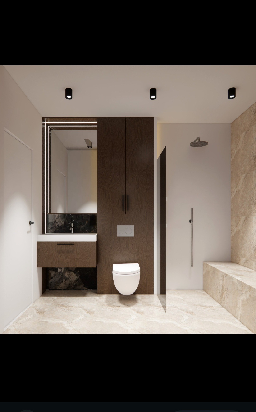 Nowoczesna łazienka z kabiną typu walk-in, umywalką z szafką z ciemnego drewna i podświetlanym lustrem. Beżowe płytki imitujące marmur na podłodze i ścianach.