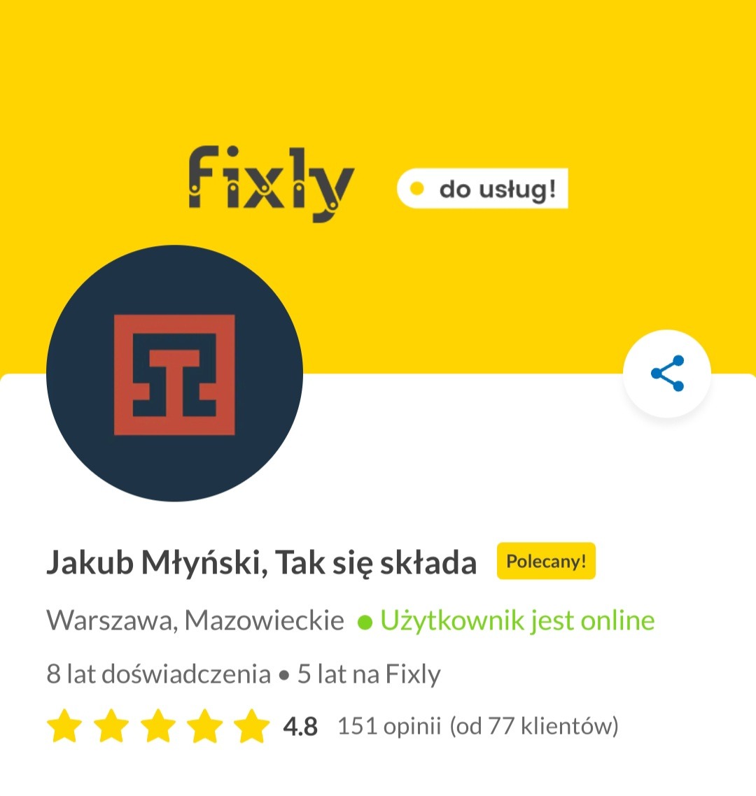 Logo firmy Fixly z oceną 4.8 i informacją o rekomendacji, widoczne dane kontaktowe i doświadczenie.