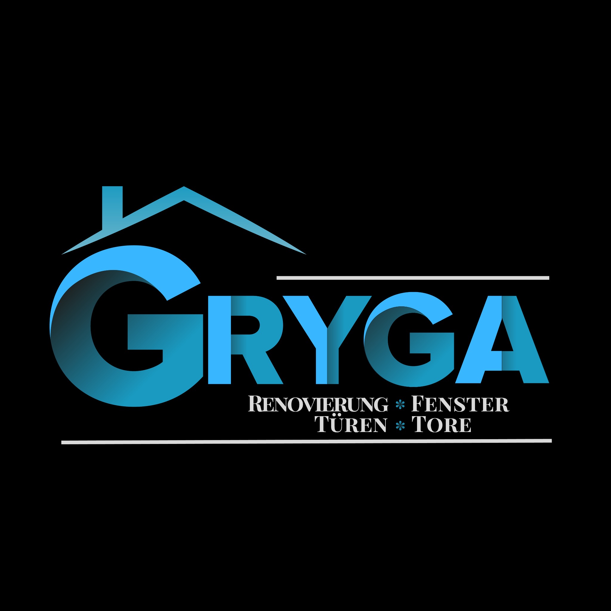Niebieskie logo firmy GRYGA z ikoną domu, oferującej usługi renowacji, montażu okien, drzwi i bram, na czarnym tle. Grafika w nowoczesnym stylu.