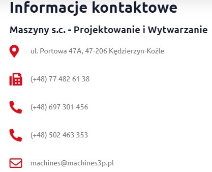 Dane kontaktowe firmy Maszyny s.c. z adresem, numerami telefonów i adresem e-mail.