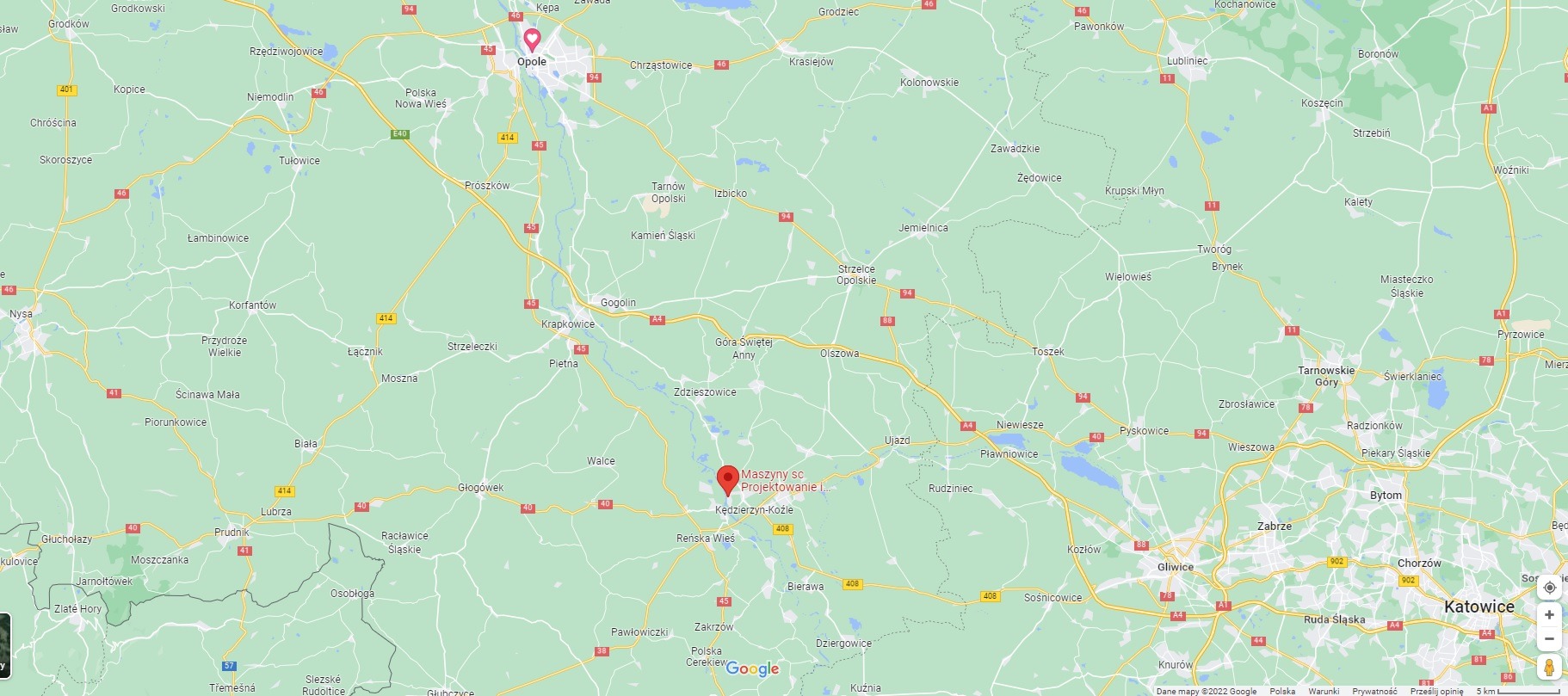 Mapa regionu Opolszczyzny i Śląska z zaznaczonymi miastami i drogami, widok z lotu ptaka.