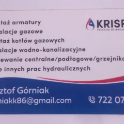 Wizytówka firmy KRISPOL Technika Grzewcza i Sanitarna Krzysztof Górniak, oferującej montaż armatury, instalacje gazowe, kotłów gazowych, wodno-kanalizacyjne, ogrzewanie centralne, podłogowe...