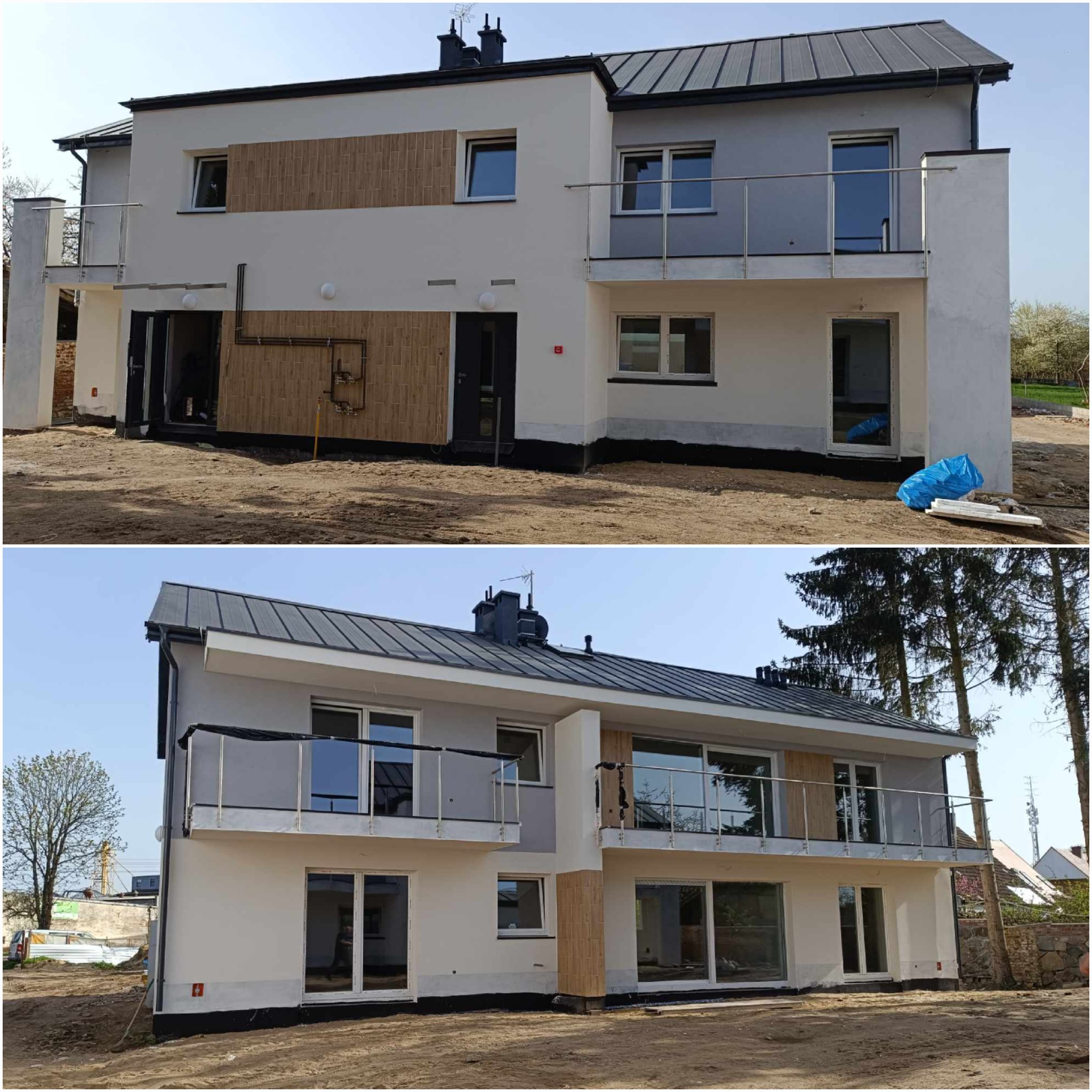 Dwukondygnacyjny dom z szarą blachodachówką, częściowo ocieplony, z elementami dekoracyjnymi imitującymi drewno na elewacji, balkony z balustradami ze stali nierdzewnej, teren wokół domu w trakcie...