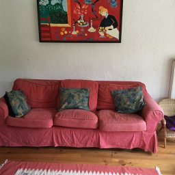 Infra-ogrzewanie - Salon z koralową sofą, poduszkami w motywy roślinne, wzorzystym dywanem i obrazem w stylu Matisse'a na ścianie.