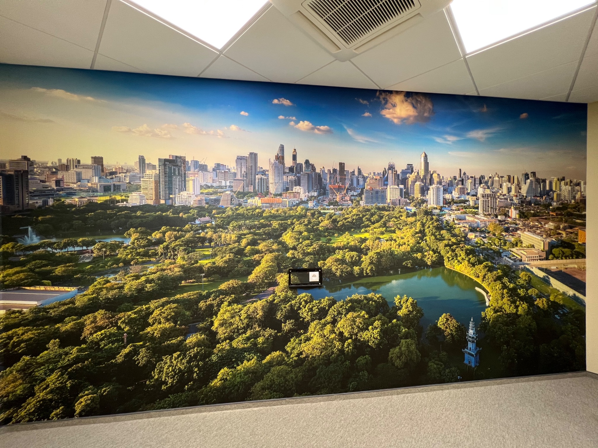 Fototapeta z panoramą miasta i parku w biurze, widoczny fragment sufitu kasetonowego i mały panel informacyjny na ścianie.