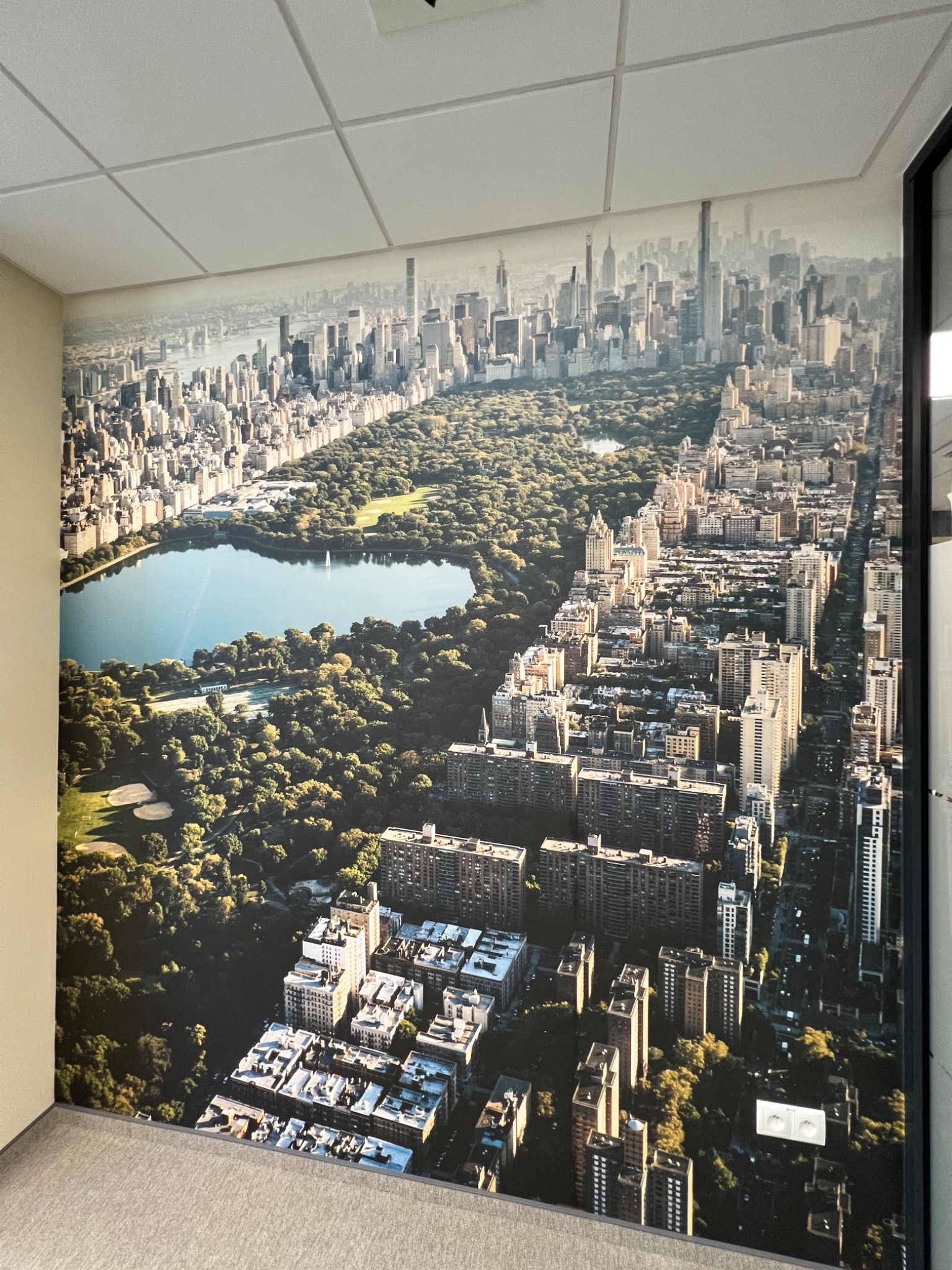 Fototapeta przedstawiająca panoramę Manhattanu z Central Parkiem, widoczna na ścianie biura z szarą podłogą i gniazdkiem elektrycznym na tapecie.