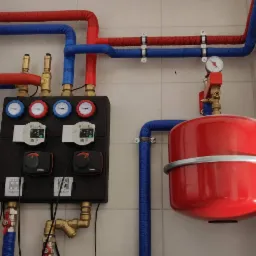Rozdzielacz ogrzewania podłogowego z czerwonym zbiornikiem wyrównawczym i rurami w izolacji czerwonej i niebieskiej na tle jasnych płytek ściennych.