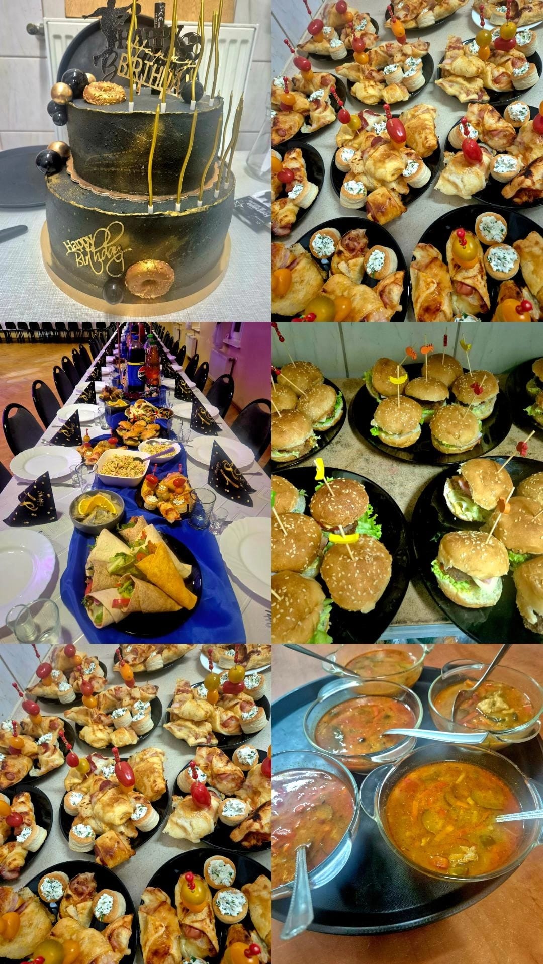 Kolaż z różnorodnych dań: tort urodzinowy, mini kanapki, burgery, zupy. Bogato zastawiony stół z przekąskami na przyjęciu. Czarno-złota kolorystyka dekoracji.