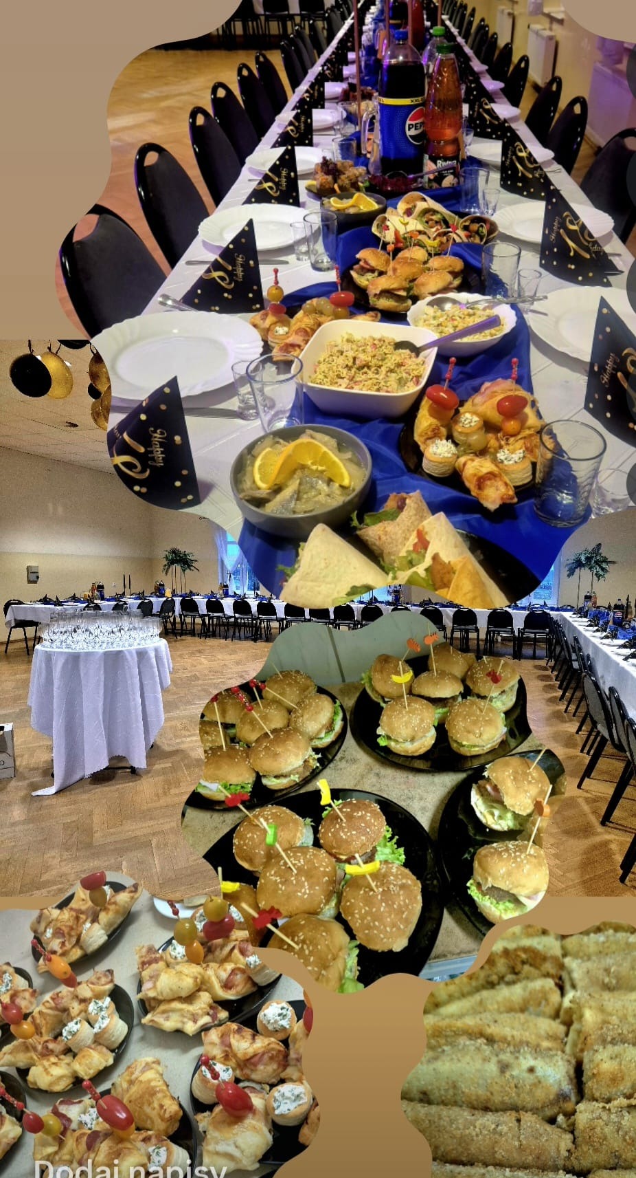Uroczysty stół z niebieskim bieżnikiem, dekoracjami i różnorodnymi przekąskami: mini burgery, sałatki, koreczki, rolady. W tle sala z nakrytymi stołami.