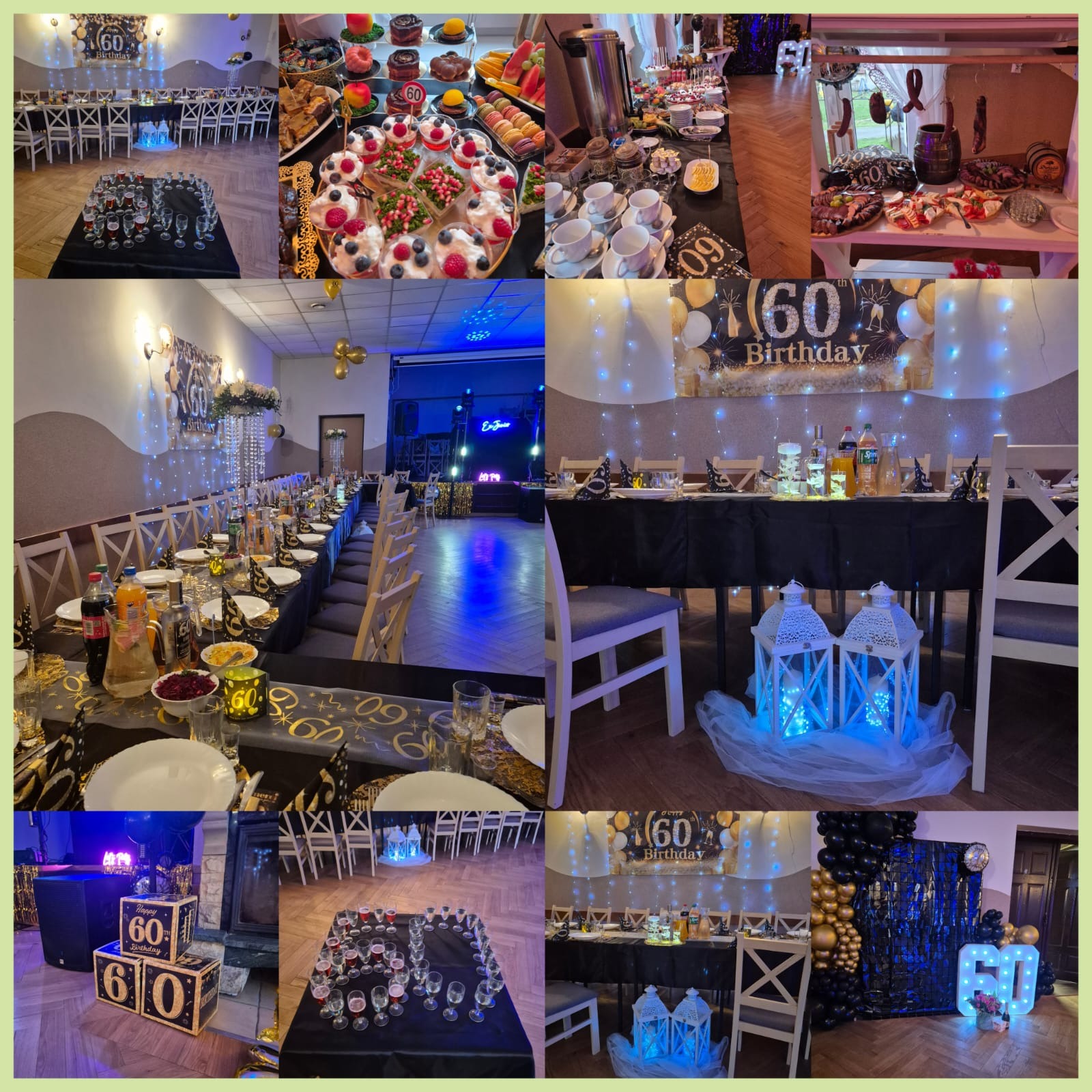 Dekoracja sali na 60. urodziny: stoły z czarnymi obrusami, dekoracje w kolorach złota i czerni, balony, lampiony, słodki stół i napoje. Uroczysty wystrój.