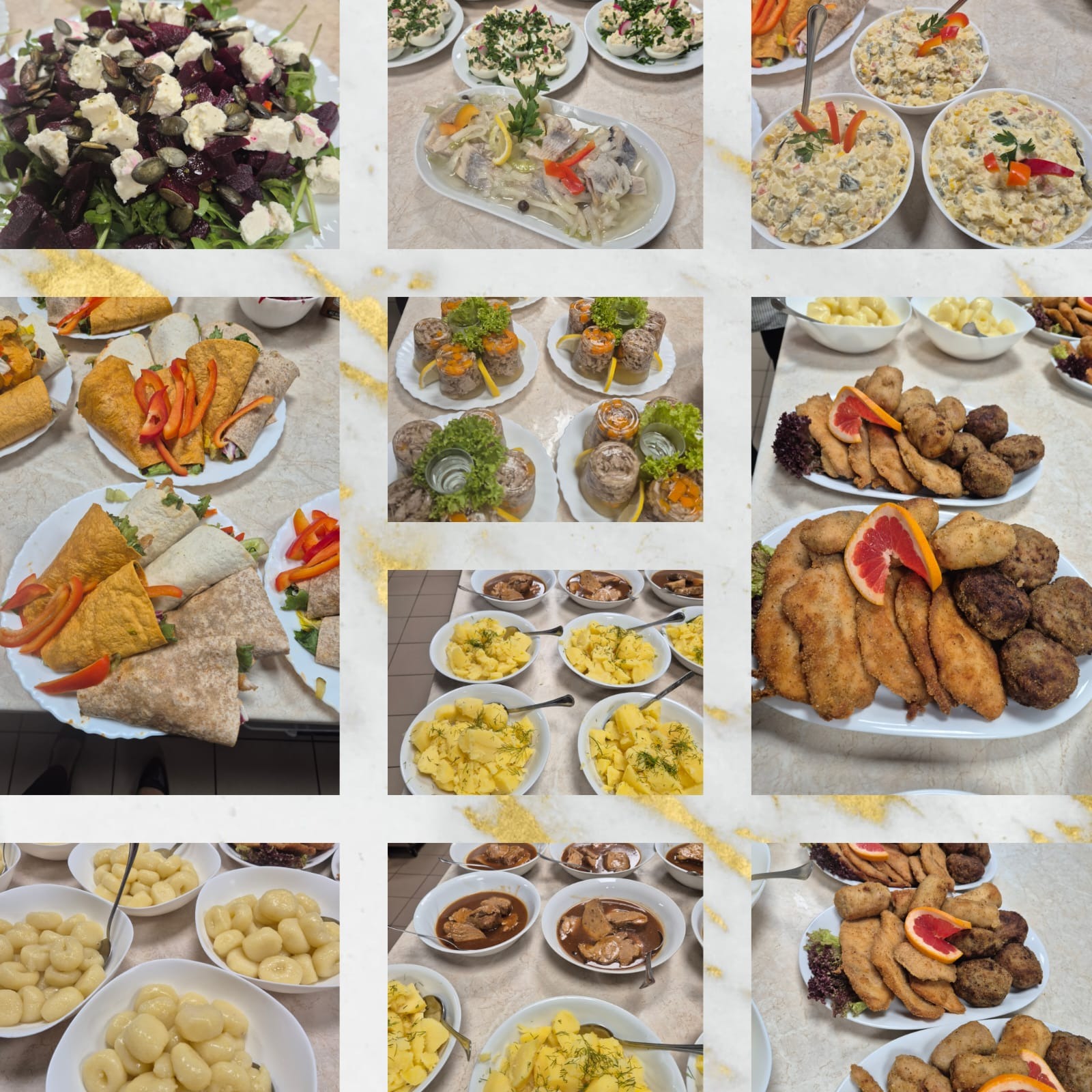 Bogaty wybór dań na stole: sałatka z buraków, śledzie, tortille, roladki mięsne, kluski, gulasz, kotlety i pulpety. Różnorodność potraw na przyjęcie.