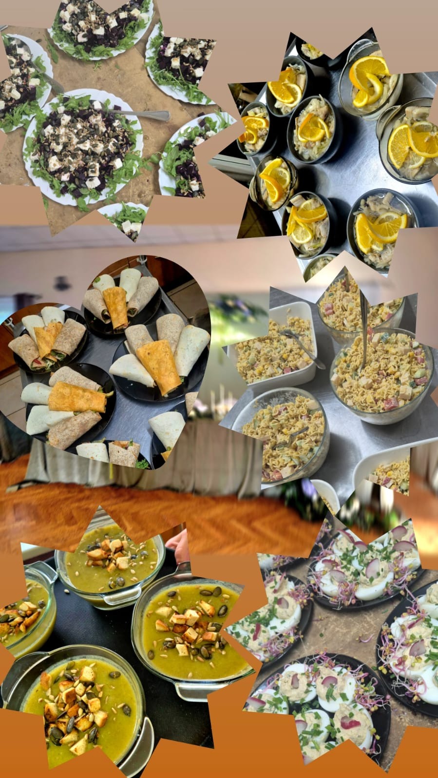 Bogaty wybór dań cateringowych: sałatki z serem i burakiem, śledzie z pomarańczą, wrapy, sałatka makaronowa, zupa krem z grzankami i jajka faszerowane.