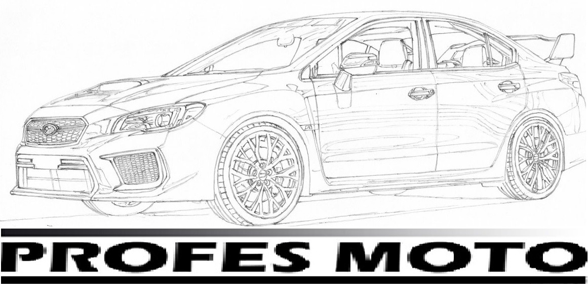 Szkic ołówkiem samochodu Subaru WRX z widocznym logo 'Profes Moto' w dolnej części.