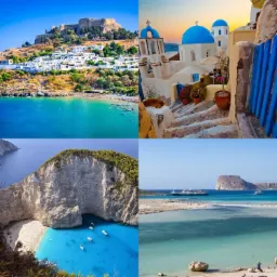 Mozaika z czterech ujęć malowniczych greckich krajobrazów: Lindos z Akropolem, Santorini z białymi domami i błękitnymi kopułami, Zatoka Wraku na Zakynthos, Elafonisi z turkusową wodą i różowym...