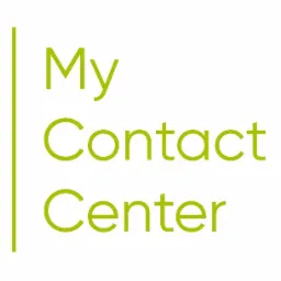 Logo firmy 'My Contact Center' z Łodzi, w odcieniach zieleni, na białym tle, z pionową linią po lewej stronie.