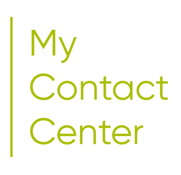 Logo firmy 'My Contact Center' z Łodzi, w odcieniach zieleni, na białym tle, z pionową linią po lewej stronie.