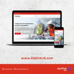 Laptop i smartfon wyświetlające stronę internetową firmy RSK-HAUS, specjalizującej się w pośrednictwie pracy, z wersjami językowymi: polską, angielską i niemiecką. Na stronie głównej widoczni...
