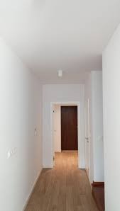 Biały korytarz po remoncie z drewnianą podłogą. Widok na ciemne drzwi w głębi. Minimalistyczne wykończenie, gładkie ściany i sufit. Nowoczesne oświetlenie.