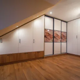 Szafa wnękowa z przesuwnymi drzwiami z grafiką w brązowych odcieniach, zabudowa pod skosem z białymi frontami i drewnianymi szufladami, oświetlenie punktowe, parkiet.