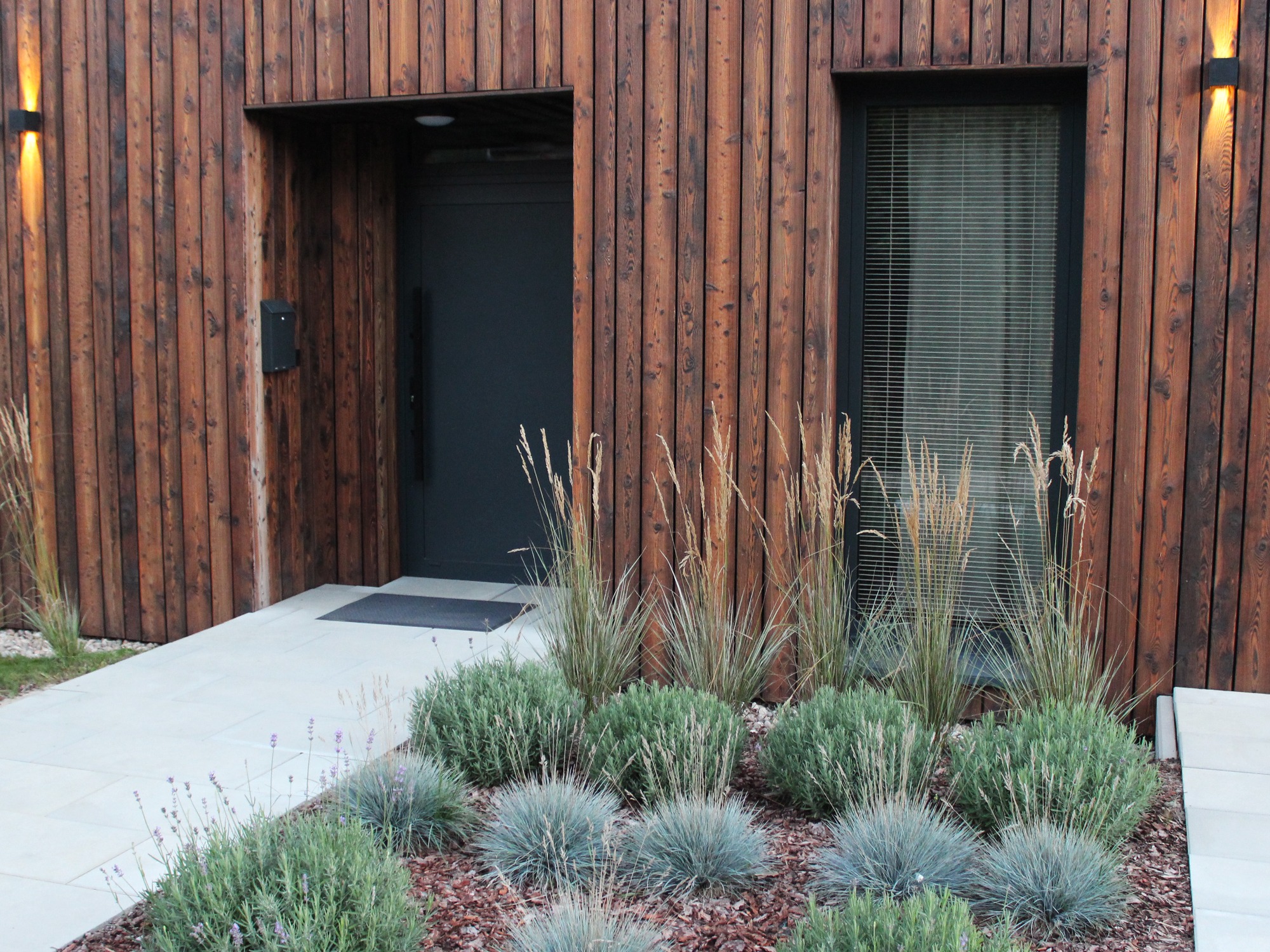 Dom z elewacją z ciemnego drewna, oświetlony kinkietami, z szarą stolarką okienną i drzwiami, przed wejściem jasny chodnik i rabata z ozdobnymi trawami i lawendą.