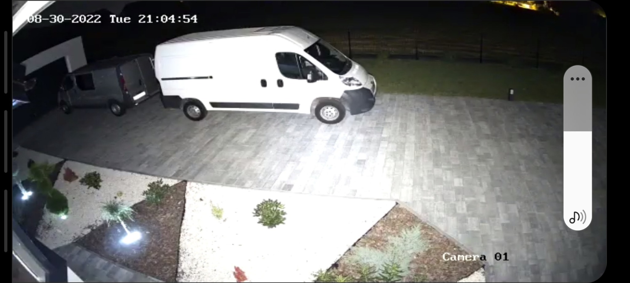 Obraz z kamery monitoringu nocą, przedstawiający dwa busy na podjeździe z kostki brukowej, oświetlonymi lampami ogrodowymi.